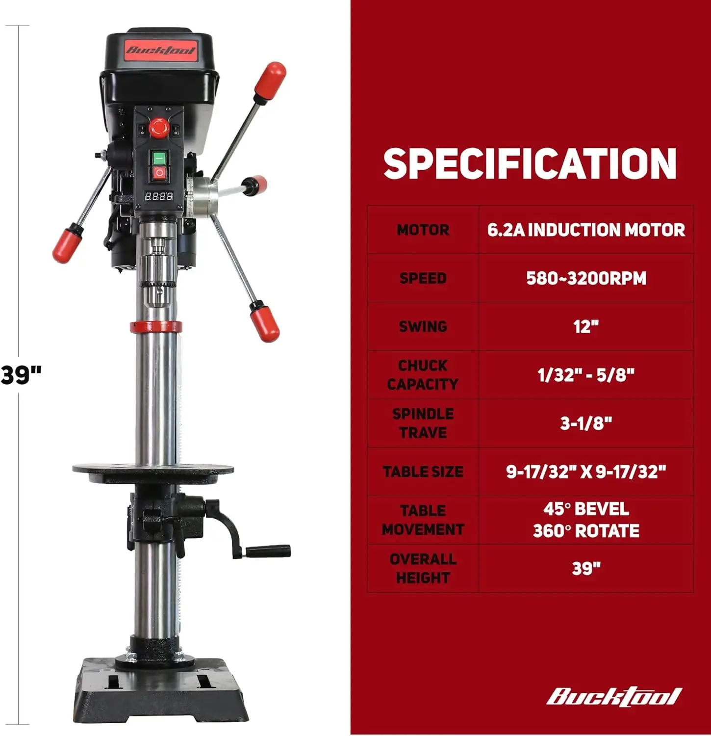 12 Zoll 6,2 A professionelle Tischbohrmaschine, Tischbohrmaschine, Bohrmaschine mit variabler Geschwindigkeit, IIIA-Laser und Arbeitslicht