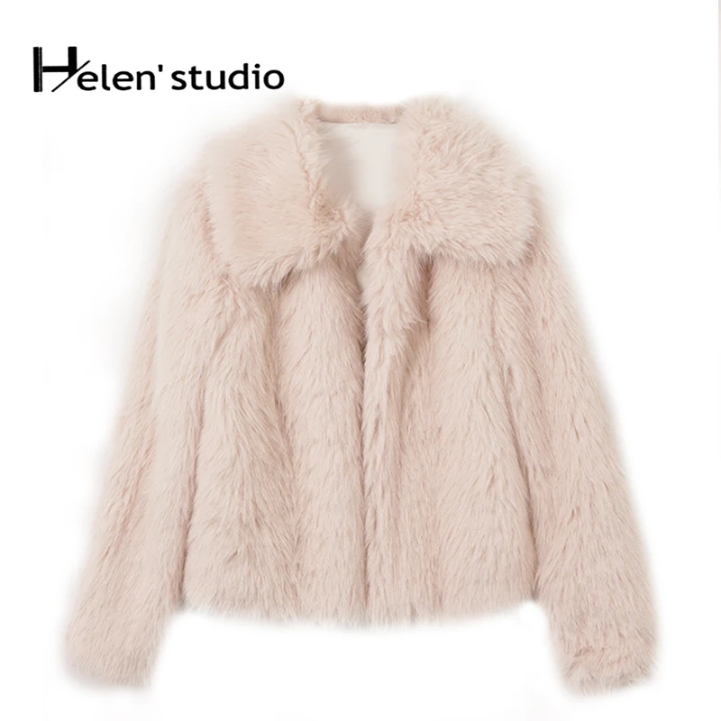 Fluffy Faux Fur Coat Women Shawl Collar Long Sleeve Winter Jacket Warm Oversize Outerwear