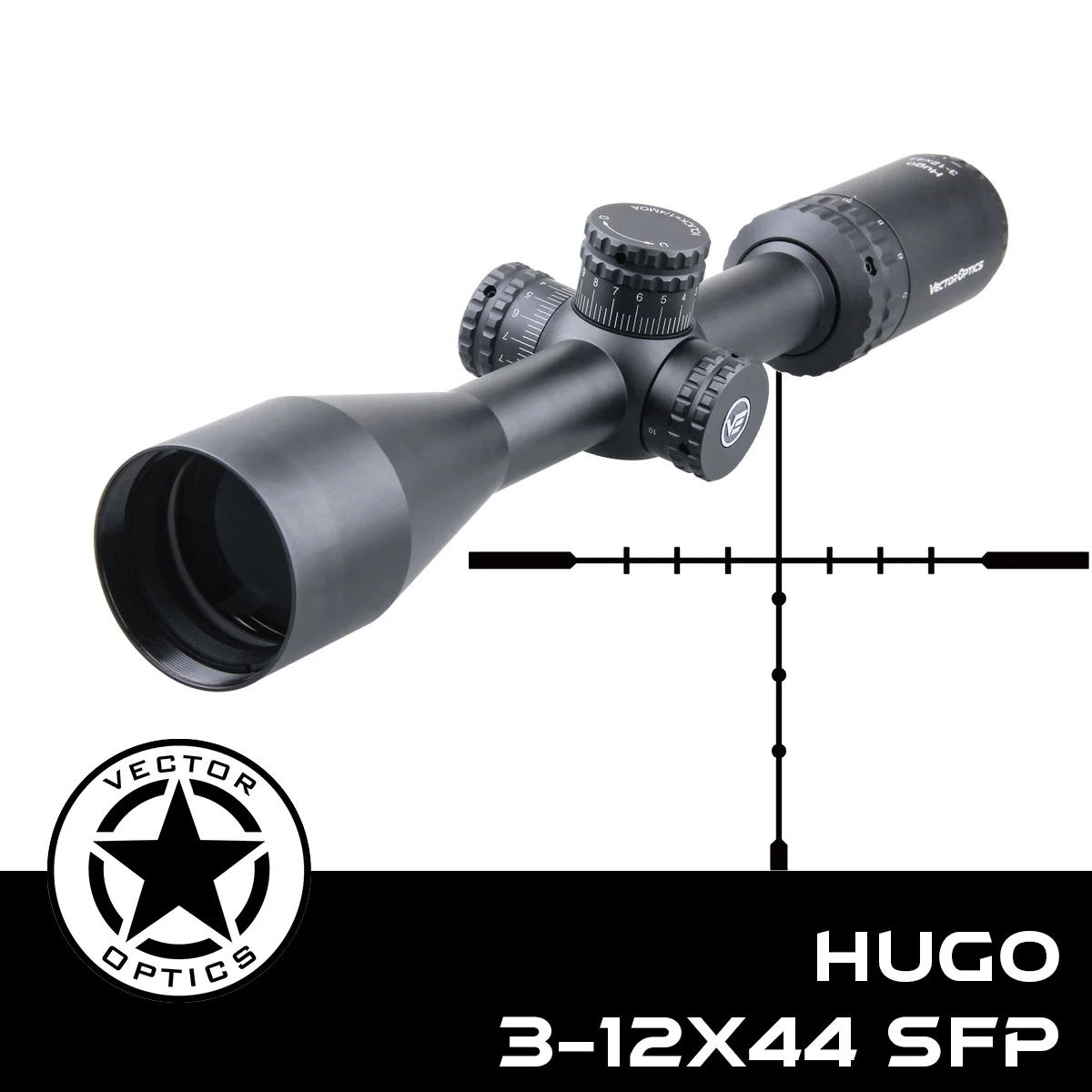 

Vector Optics Hugo 3-12x44 Varmint Shooting 1 Inch Riflescope Min 10 Yds Wire BDC Ranging Reticle Turret Lock Side Focus