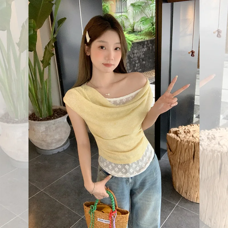 

Sweet Off-Shoulder Ruffled Lace Fake Two-Piece Short Sleeve T-Shirt for Women Summer New Waist-Cinching Elegant Top