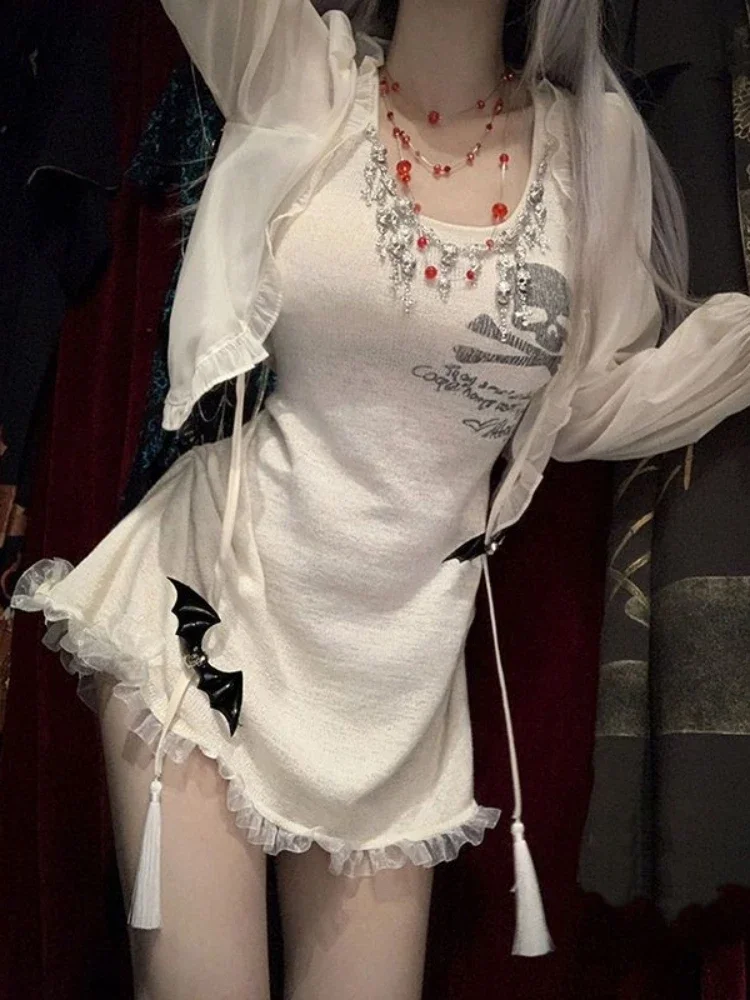 Skull Knitted Dress Women Mini Mesh A-line Sleeveless Elegant Gothic Punk Y2k Clothes Summer Sexy Dark Kawaii Vestidos Vintage