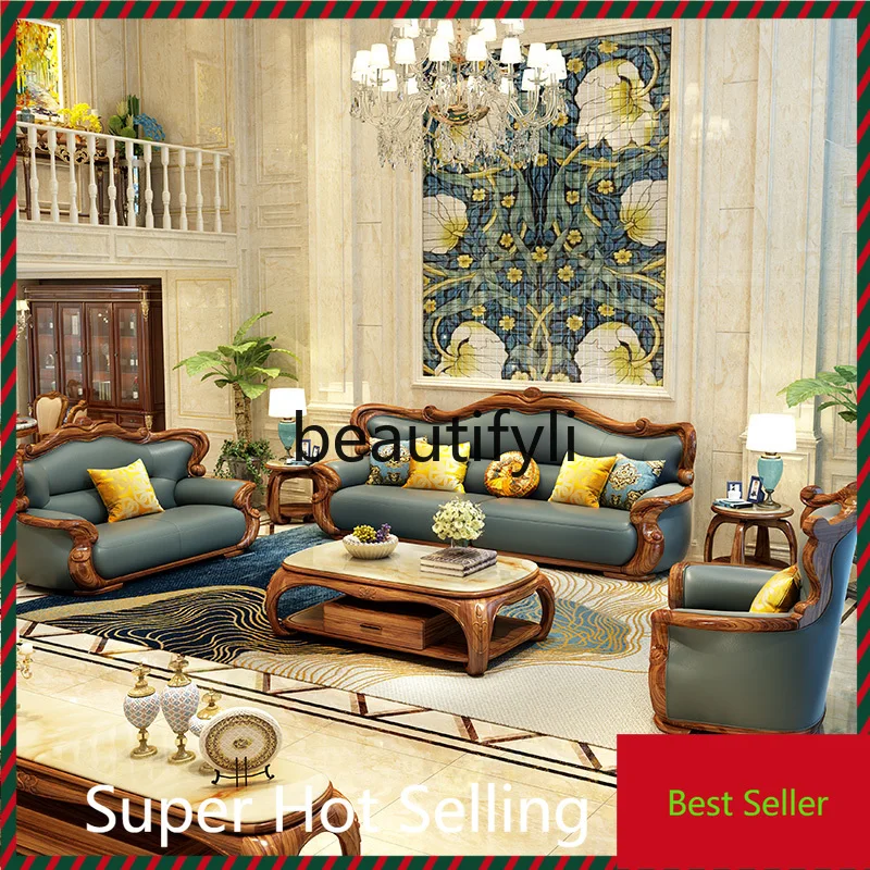 

A71 New Chinese ebony leather sofa European villa living room large ebony sofa combination