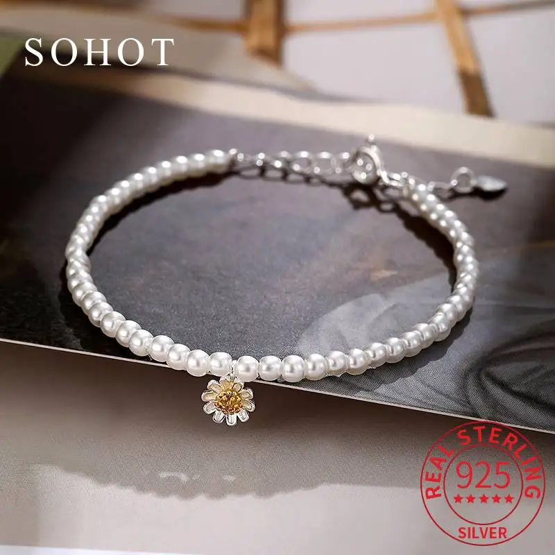 

Настоящее серебро 925, минималистичный цветок, жемчуг, регулируемая цепочка, браслет для женщин, модные ювелирные изделия, аксессуары из бисера