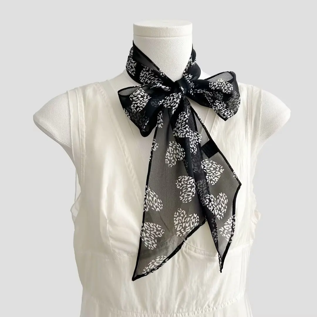 

100% Silk women's scarf Korean fashion pure silk black heart-shaped print neck scarf for women accessory spring neckerchief