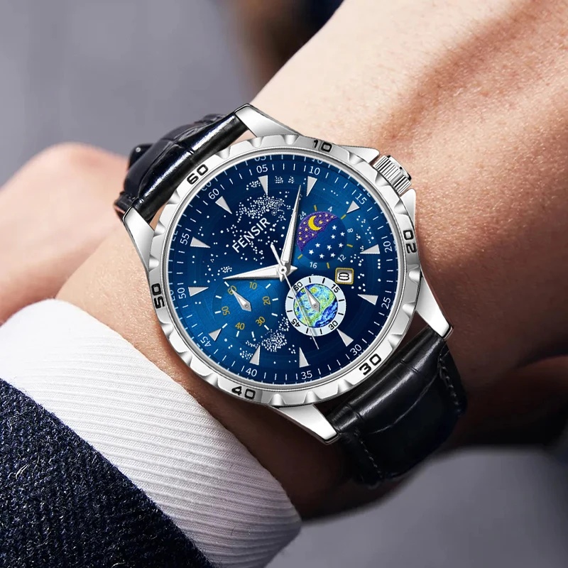 European and American Style High-End Luxury Fashion New Model Starry Sky Men's Watch Quartz Wristwatch Luminous Waterproof Calendar Starry Sky High Aesthetic Appeal Ghostly Steel Band Leather Strap Men's Model, Fashion Accessory, Suitable for Business and Casual Wear, the Best Gift for Him