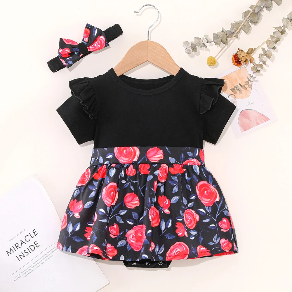 Macacão floral de manga curta com bandana para meninas, saia gola redonda, macacão de retalhos para bebês, 3-24 meses, verão