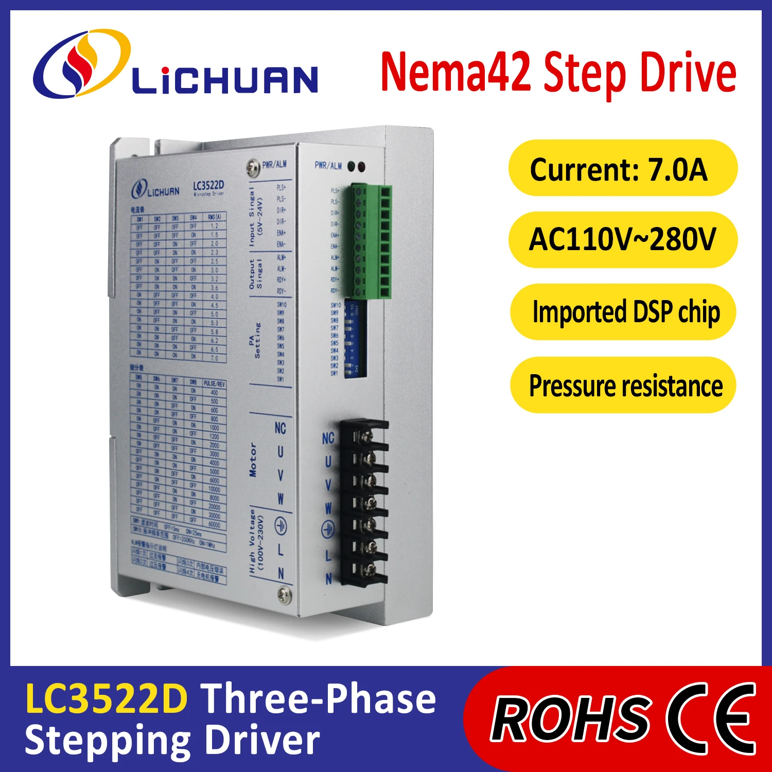 

Lichuan 3 Phase Nema42 AC Stepper Driver AC110V～280V 7A 400～60000ppr AC Open Loop Stepper Motors Drivers for Engraving Machine