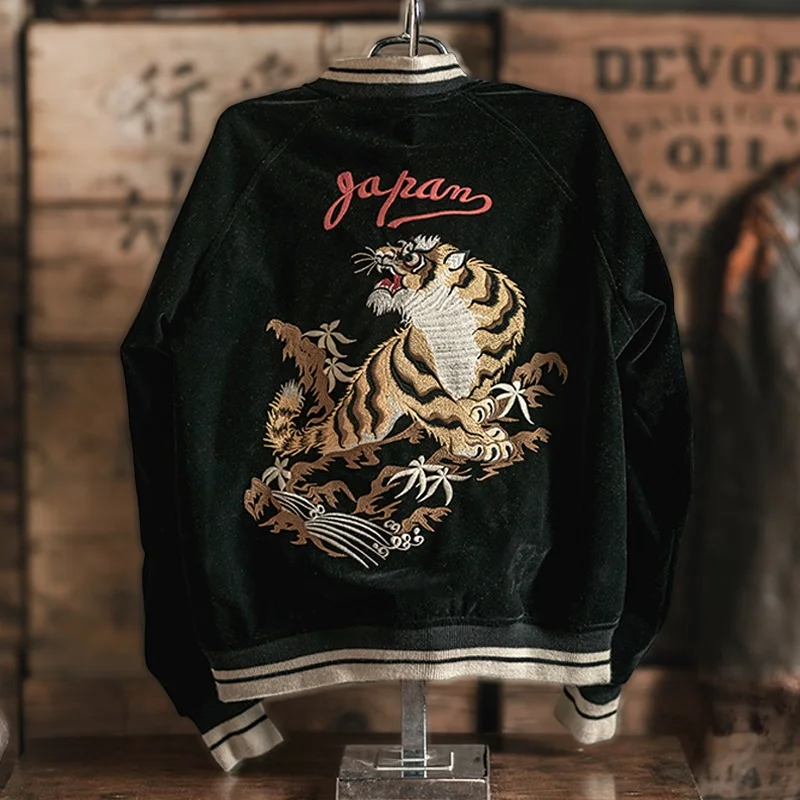 Yokosuka Velvet Embroidered Jacket, Tiger Falcon, Double-Sided Wear, Baseball Uniform, Outerwear, Japan Fashion, Retro