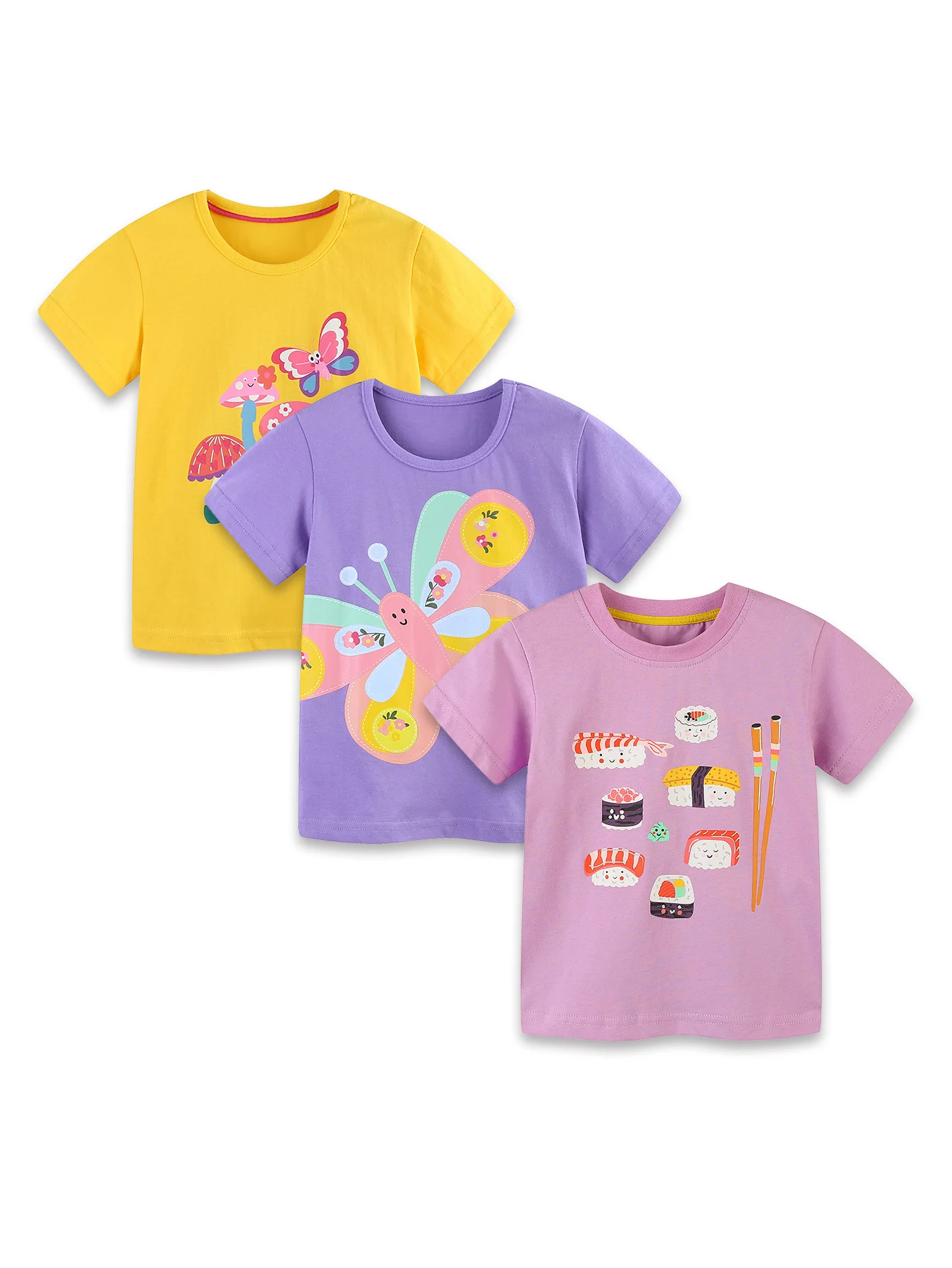 3-Piece Summer Girls Short Sleeved T-Shirt Knitted Cotton Cartoon Printed Casual Top 2-7Y