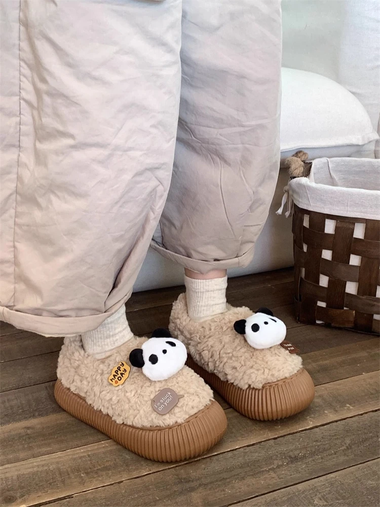 New Style Lazy Panda Cotton Shoes Warm All-Match Winter Women's Outdoor Sheepskin Bread Shoes Cute round Toe Flat Heel EVA Ou...
