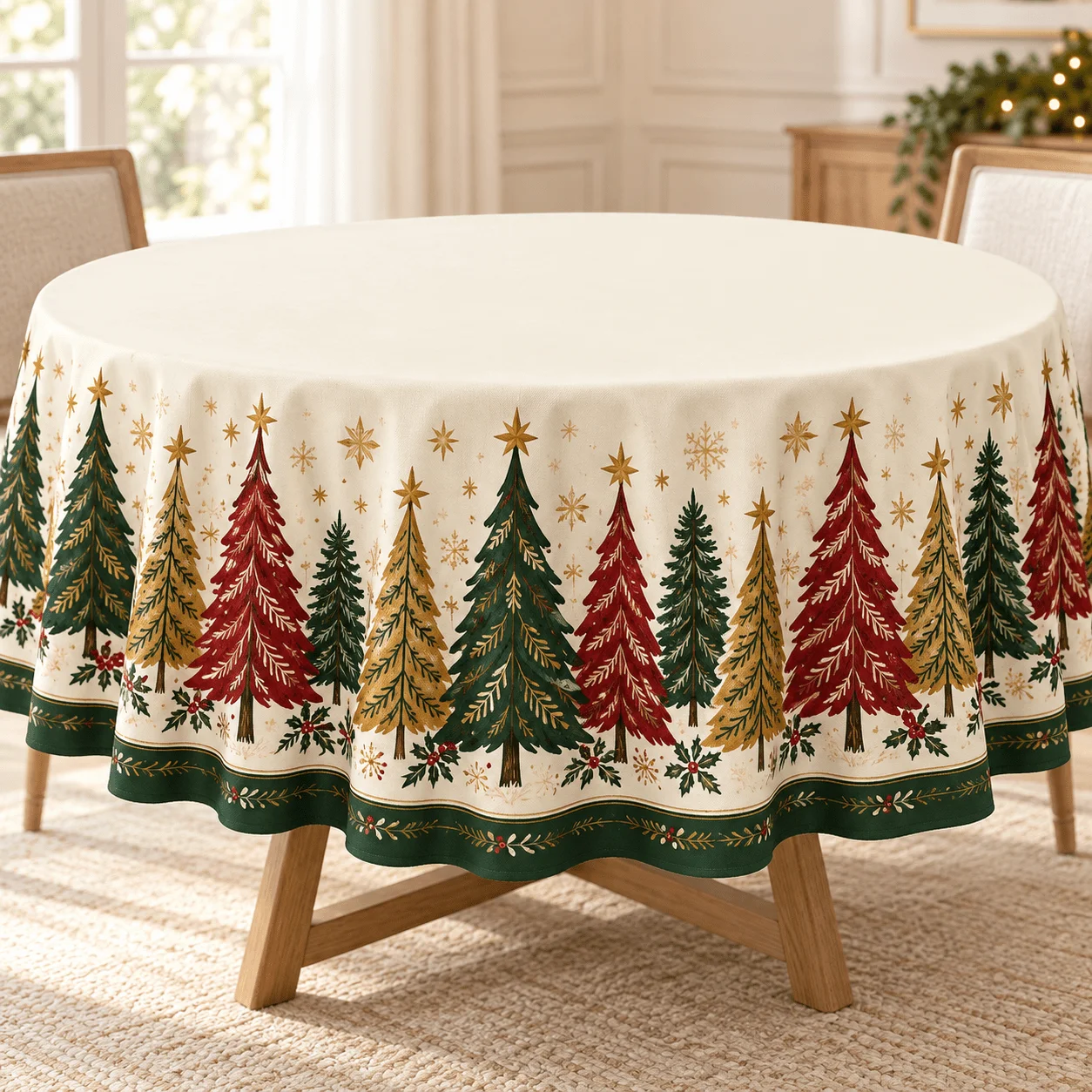 1 round tablecloth on a beige background with red, green and gold Christmas tree, star snowflake and holly red fruit print