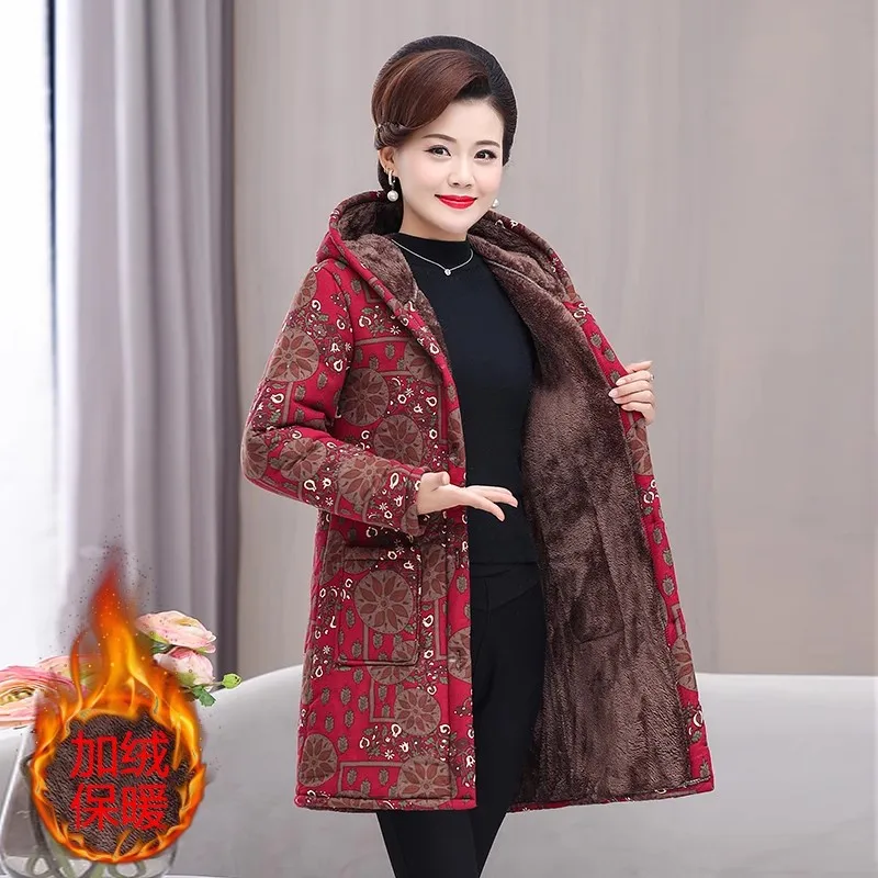 5XL Mother Winter Cotton Clothes Add Velvet Thick Warm Hooded Padded Coat Middle Aged Elderly Grandma Casual Long Parkas Jacket