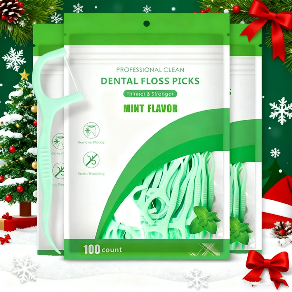 2025 Weihnachtsangebot Mint Zahnseide-Picks, 2 Beutel-Set (je 100 Stück), Essentials für Mundhygiene für Reisen und Zuhause