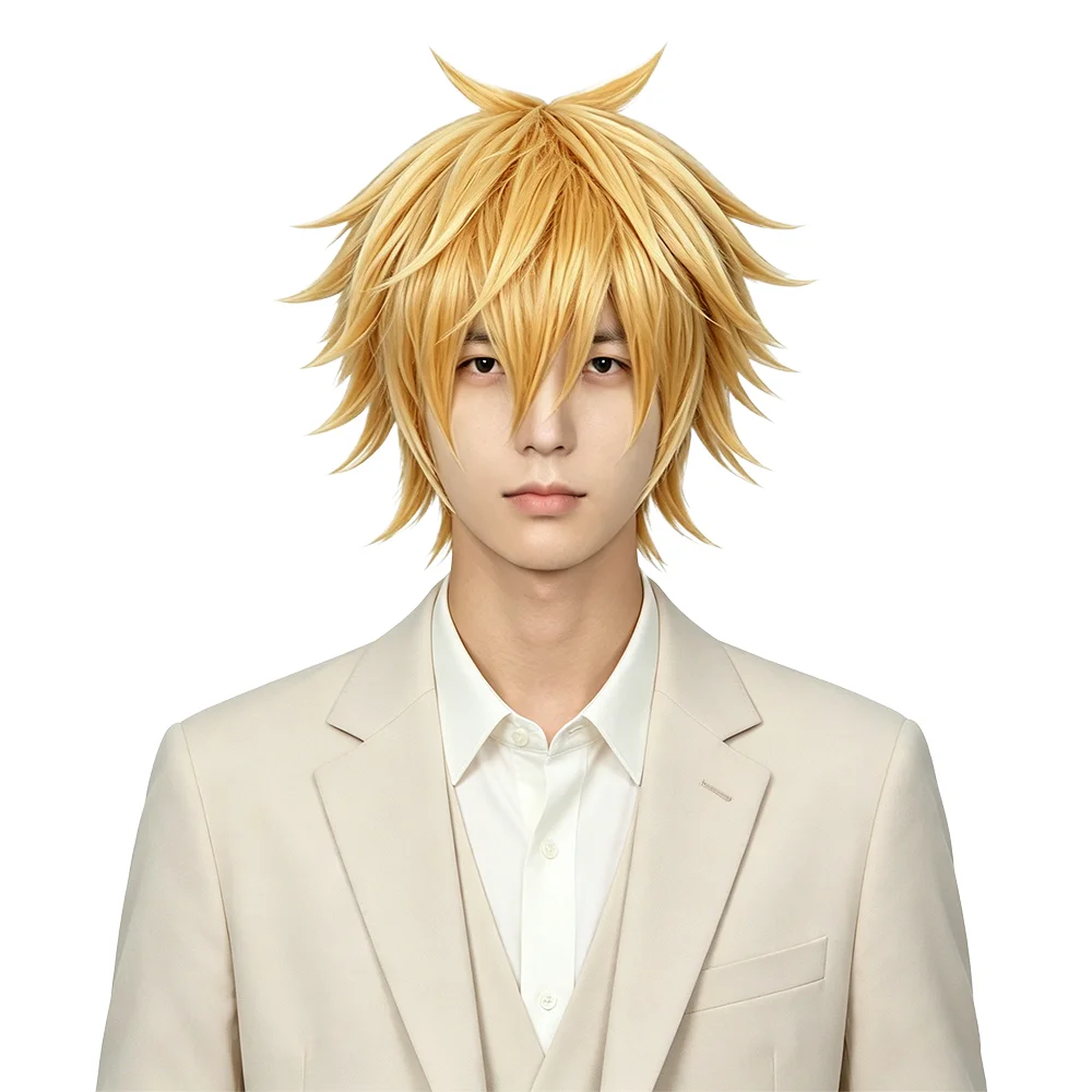 

Golden Orange Men Short Cosplay Wig Top Double Ahoge Spiky Style High Temperature Silk Natural Fluffy Universal Anime Daily Wig