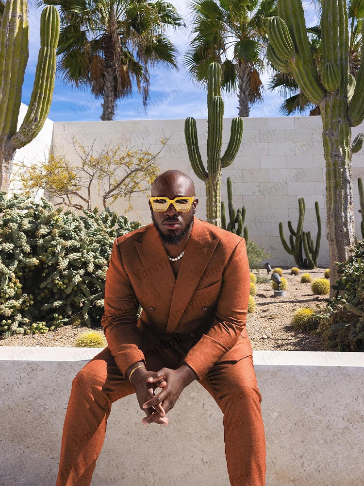 Классический коричневый мужской костюм, двубортный деловой приталенный свадебный пиджак, комплект из 2 предметов, мужской смокинг, пиджак для выпускного вечера по индивидуальному заказу