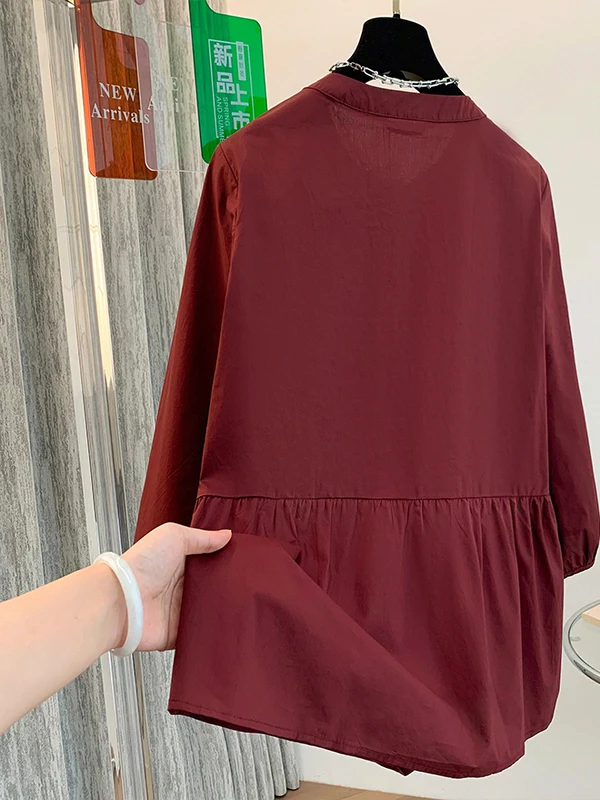 เสื้อคลุมคาร์ดิแกนทรงหลวม คอตั้ง แขนยาวเจ็ดส่วน ดีไซน์เรียบง่าย สีพื้น ผ้าพลีท ติดกระดุม  ไซส์ใหญ่ สำหรับผู้หญิง