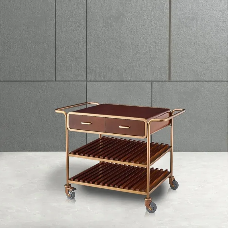 Private black wine cart with double drawer wooden service cart
