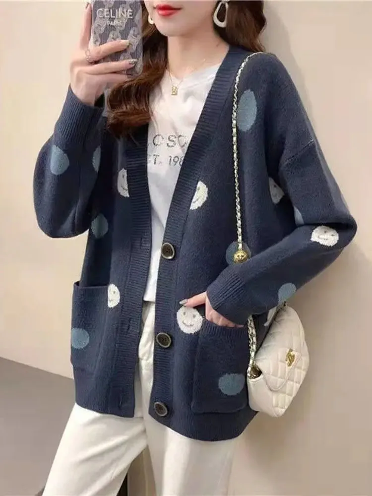 Autumn 2022 Women Sweater Cardigans Knit Jacket Korean Style Smiley Print V Neck Pocket Loose Sweaters Casual Cardigan Coat