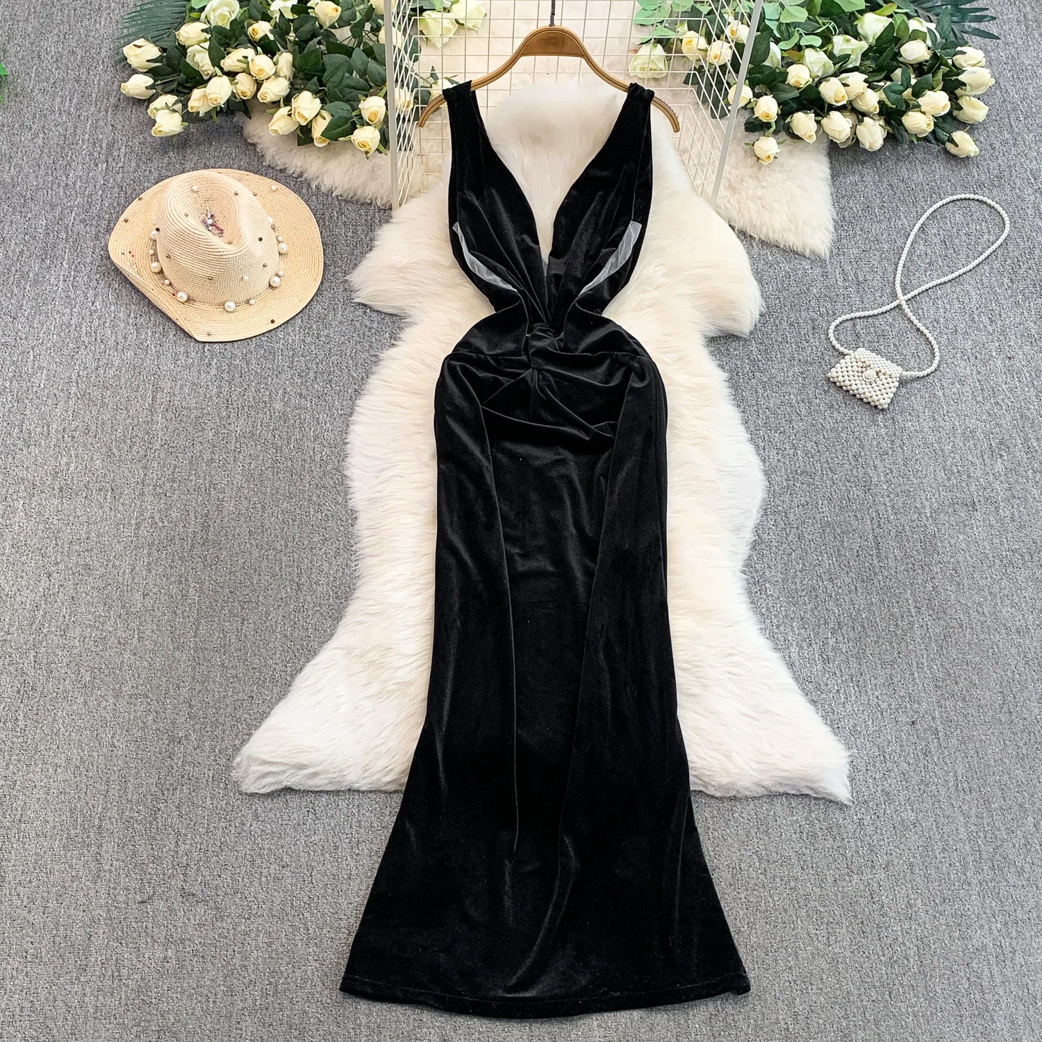 chic Elegante senza maniche con spalle scoperte abito in rete di velluto moda coreana prendisole abbigliamento donna