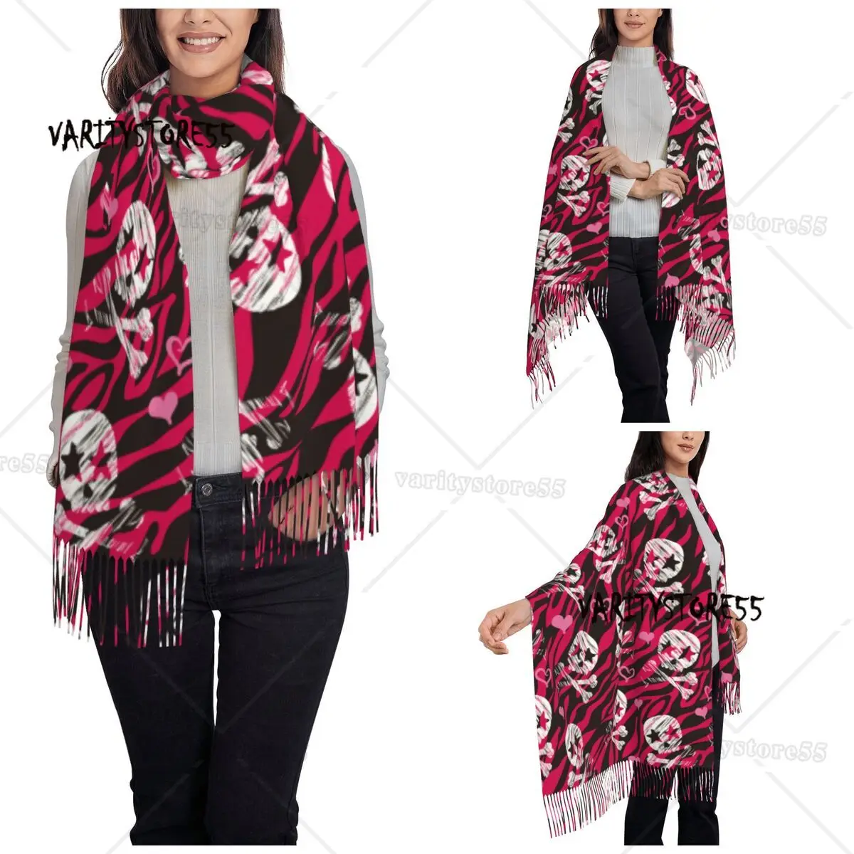 Womens Scarf with Tassel Grunge Zebra Star Skull Large Winter Fall Shawl and Wrap Halloween Cartoon Daily Wear Cashmere Scarf