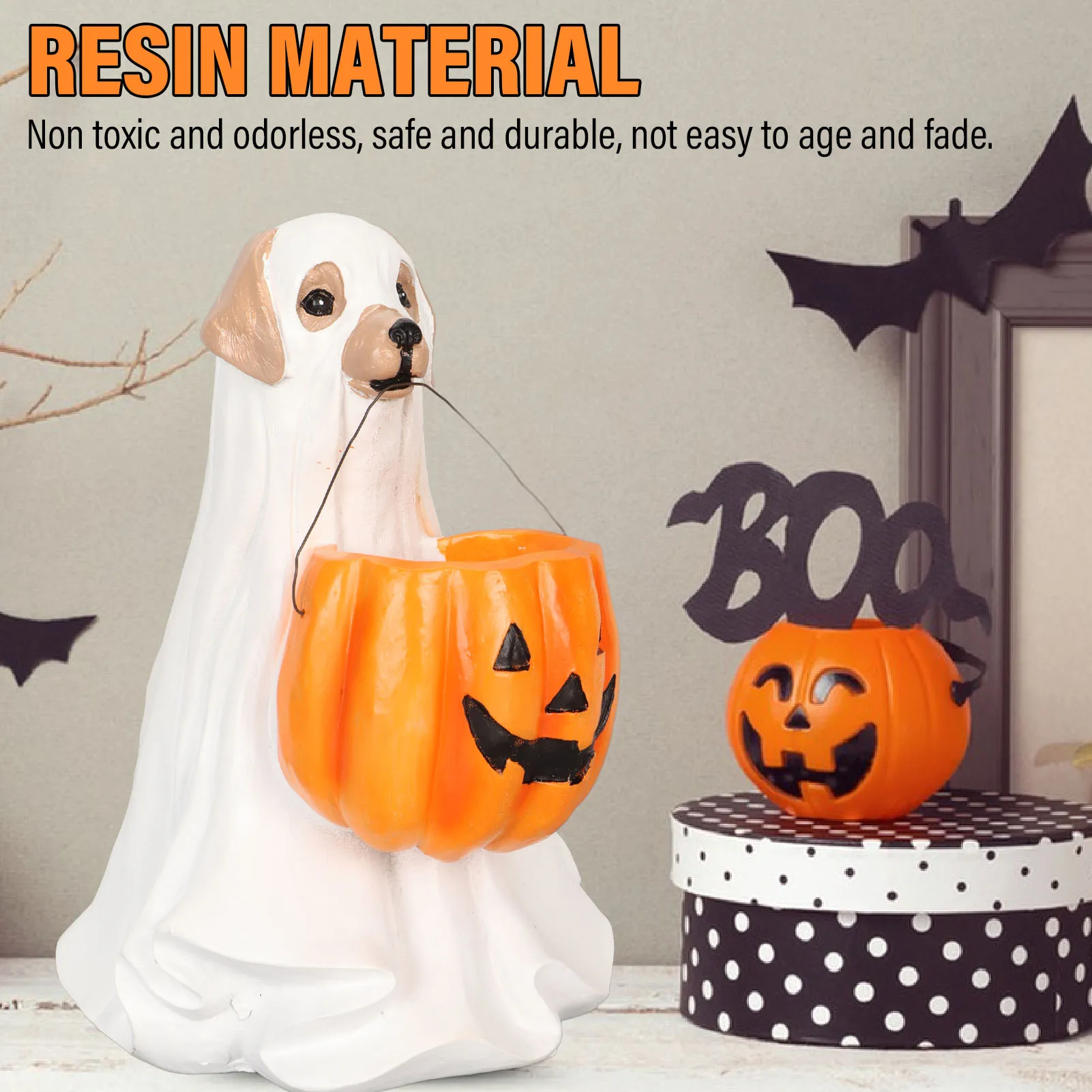 

Halloween Ghost Dog Statue Resin Pumpkin Dog Ornament Cute Spooky Ghost Dog Figurine for Indoor Outdoor Pumpkin Dog Statue