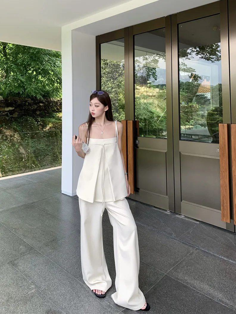 

Elegant Casual High Waist Women's Two-Piece Set with Drawstring Apricot Strap Vest And Straight Leg Pants for Summer