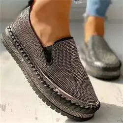 Women's Fashion Shoes 2025 Spring Flats Rhinestone Bling Sewing Platform Loafers Luxury Shoes Casual Comfortable Female Shoes