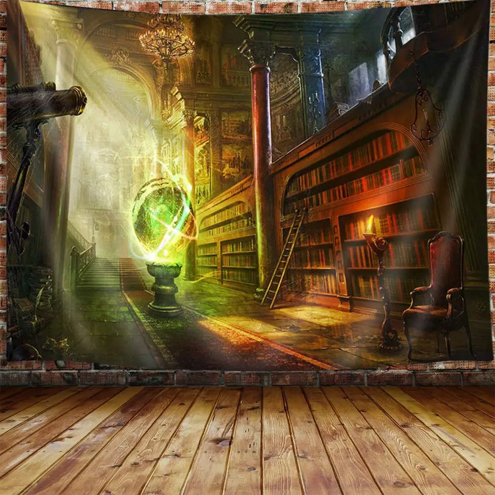 Magic Library Tapestry Wall Hanging,Ancient Library and Magic Crystal Ball Fantasy World Tapestries for Dorm Living Room Bedroom