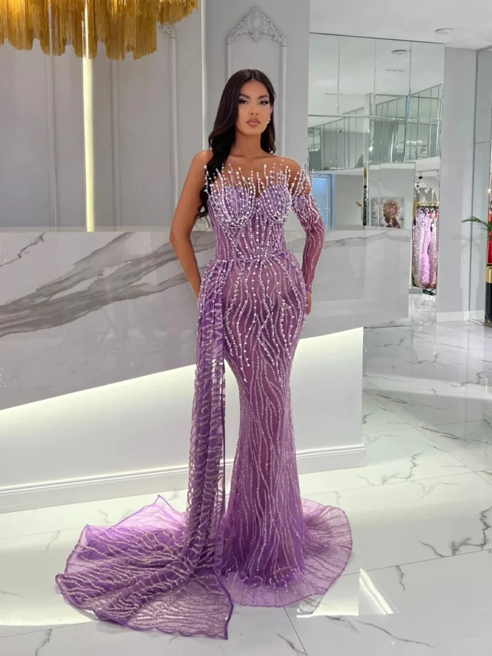 Purple Mermaid Long Sexy Illusion One Shoulder Evening Dress Glitter Beads Pearls Prom Gown Cocktail Dresses Robe De Mariée