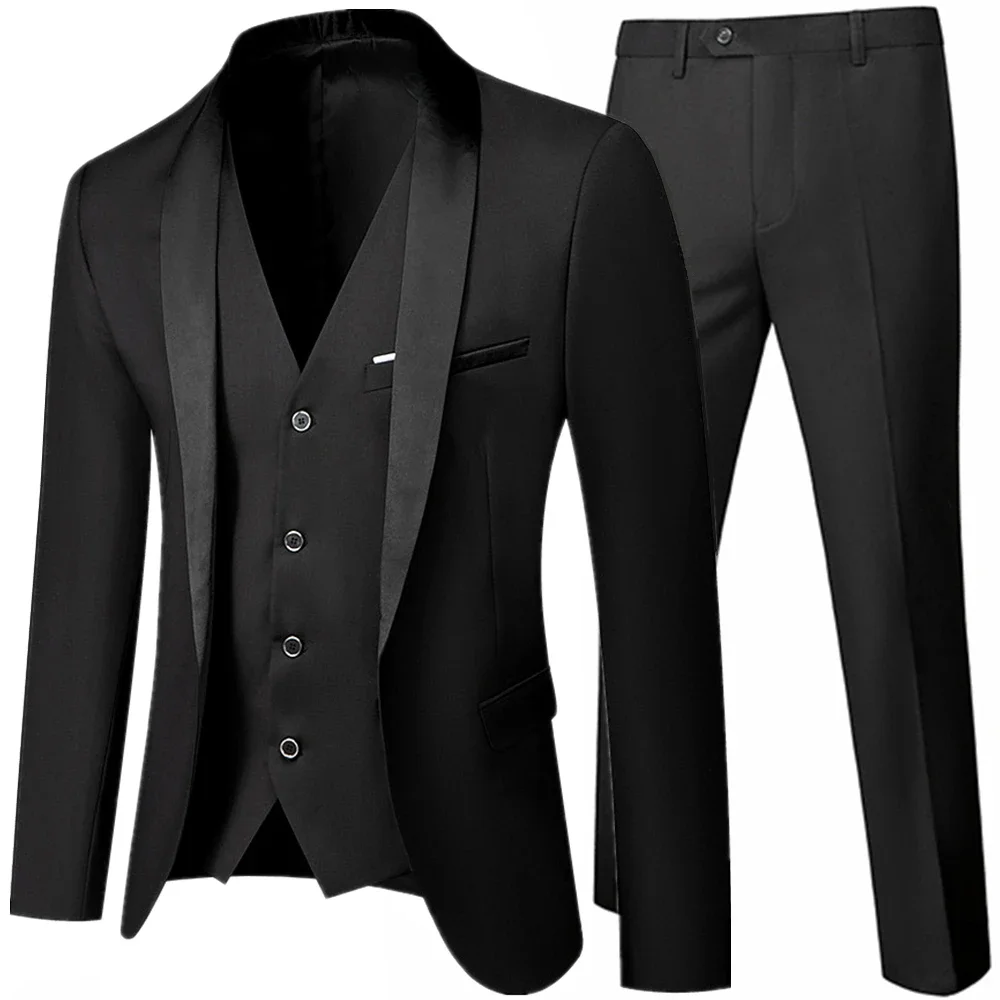 Black Men Autumn Wedding Party Three Pieces Set Large Size 5XL 6XL Male Blazer Coat Pants and Vest Fashion Slim Fit Suit