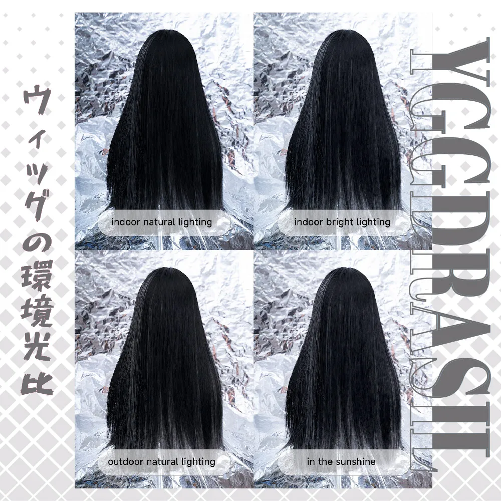 24 بوصة الأسود والرمادي القوطية نمط بيروكات صناعية مع الانفجارات متوسطة شعر طبيعي مستقيم شعر مستعار للنساء تأثيري مقاومة للحرارة #6