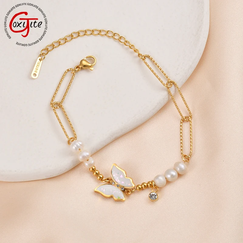 Goxijite Fashion Gold Color Bracelet For Women Girls Stainless Steel Bracelets With Pearl Butterfly Blessing Party Jewelry Gift