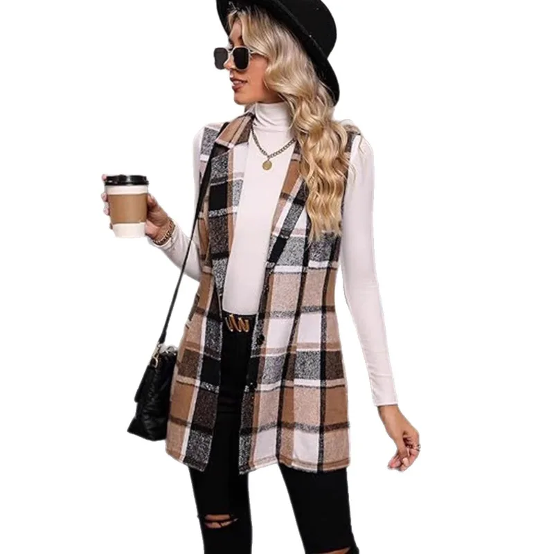 2025年春 エレガントスタイル 多用途 ノースリーブ シングルブレスト レディース チェック柄ベスト