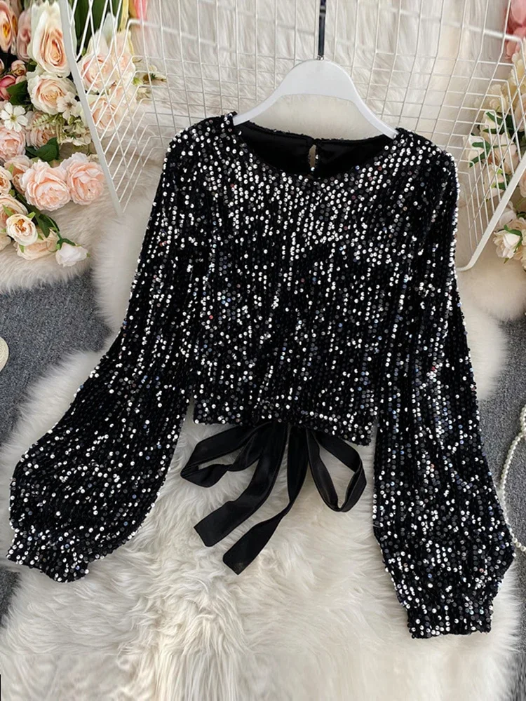 litmage Women Spring  Blouse New Sequins O-Neck T Shirts Long-sleeved Open Back Lace-up Bow Short Tops Female Blusa Tee GX1082