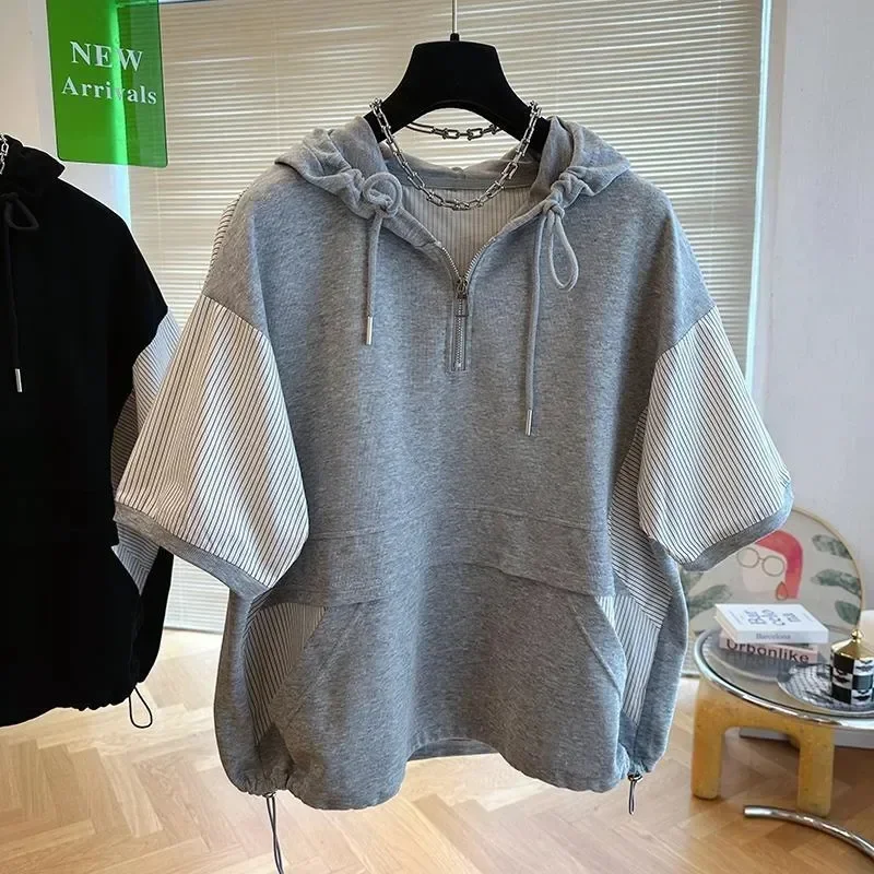 Summer Hooded Casual Tops T-Shirt Women 2024 New Fashion Large Size Loose Sense Of Design Zipper Stripe Join Together 4XL Female