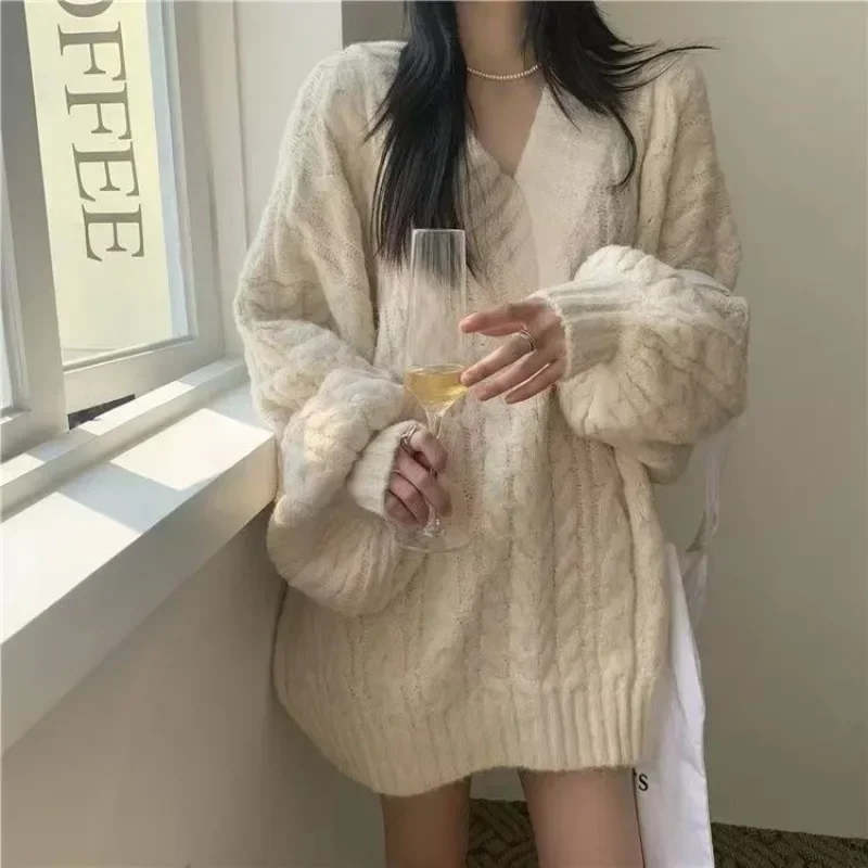Winter Knitted Sweater Women Korean Fashion Solid Color Oversized Pullover Female Casual Loose Long Sleeve V Neck Y2k Clothes