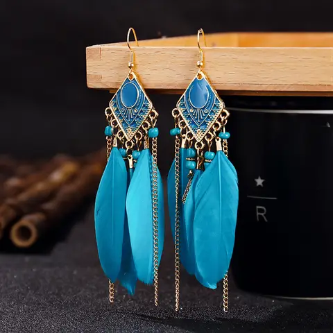 Fashion Bohemian Long Chain Feather Tassel Earrings For Women Red Blue White Color Geometric Hanging Earrings Pendientes Mujer