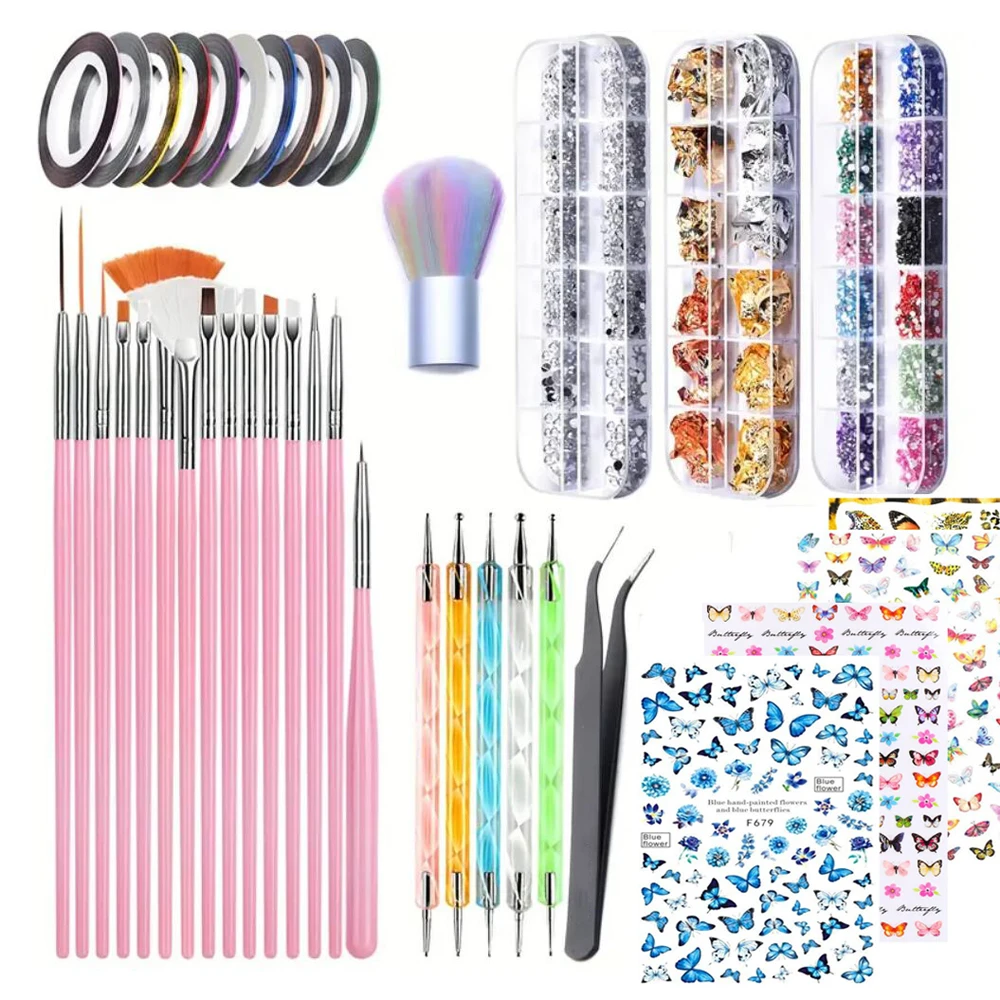 

39Pcs Nail Art Tools Set for Beginners Nail Supplies with Brushes/Dotting Tools/Tapes/Stickers/Foil/Rhinestones/Tweezers Access*
