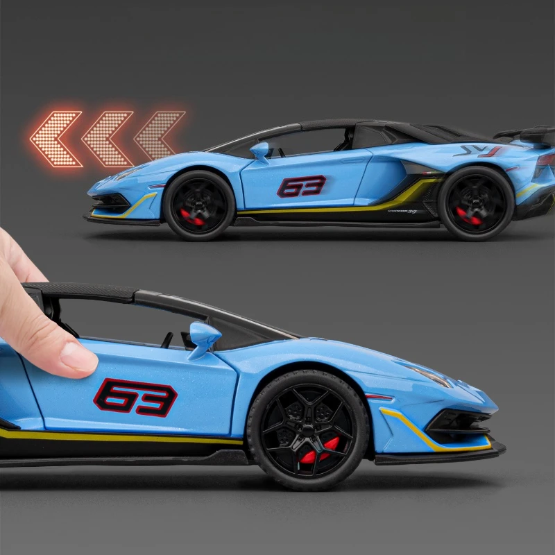 รถโมเดลจำลอง Aventador SVJ63 ซูเปอร์คาร์ ขนาด 1:32 ผลิตจากโลหะผสม พร้อมเสียงและไฟ มีระบบดึงหลัง ของสะสม ของเล่นเด็ก ของขวัญ