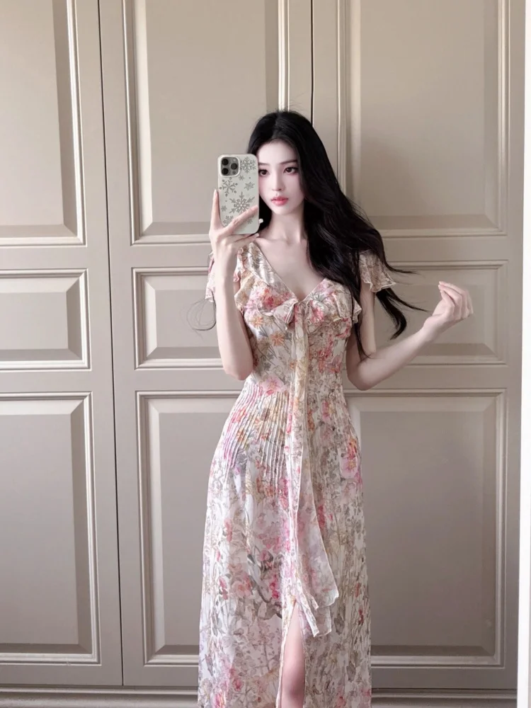 Retro Floral Trim Dr Women's Summer Slimming Long Skirt Vaion Sle ort Sve V-Ne Breathable Comfortable Fit Body...