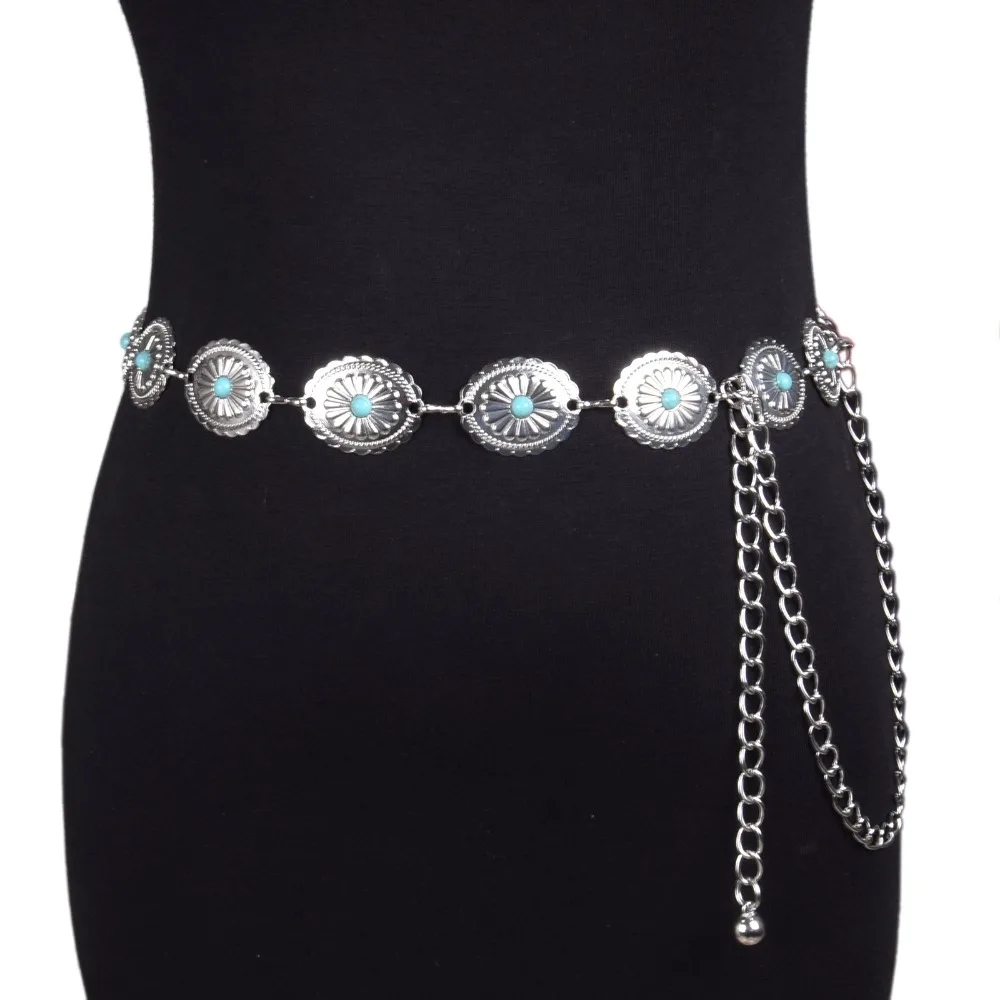 Damen Taillenkette mit Türkis-Stein und Silbermetall-Blume, dünner Gürtel, Ethno-Sommer-Kettengürtel
