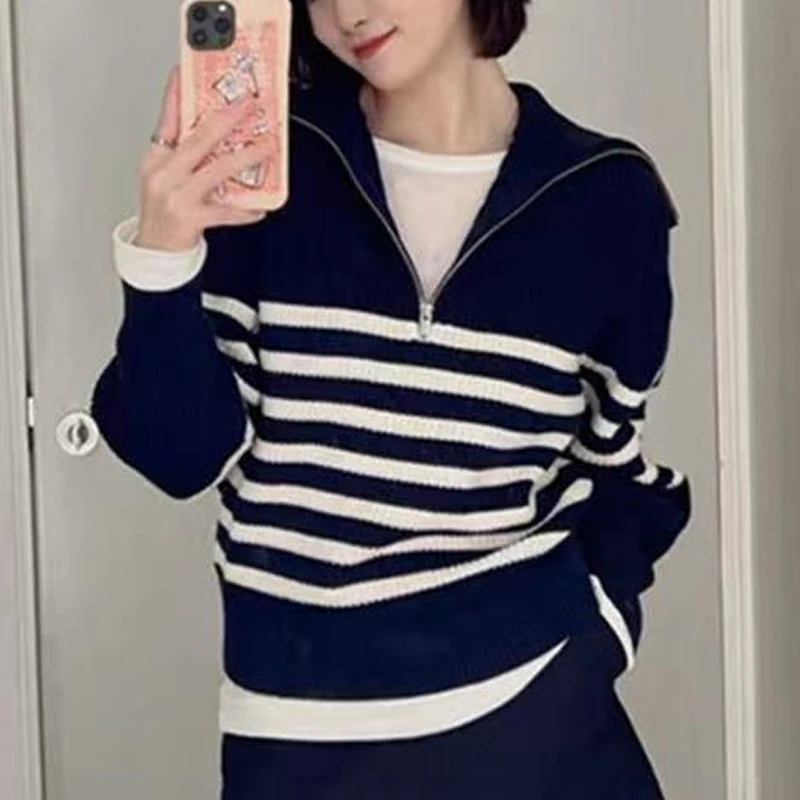 Pull ample à rayures rétro pour femme, manches longues, Semi-fermeture éclair, revers, pull décontracté, hauts tricotés, vêtements à la mode, nouvelle collection automne hiver