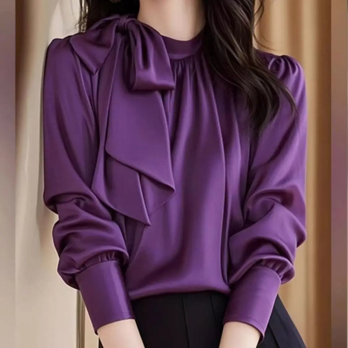 

Purple Satin Bow Neck Office Lady Elegant Shirt Women Blouse Long Sleeve Casual Blusas Mujer Solid Color Korean Fashion Blouse