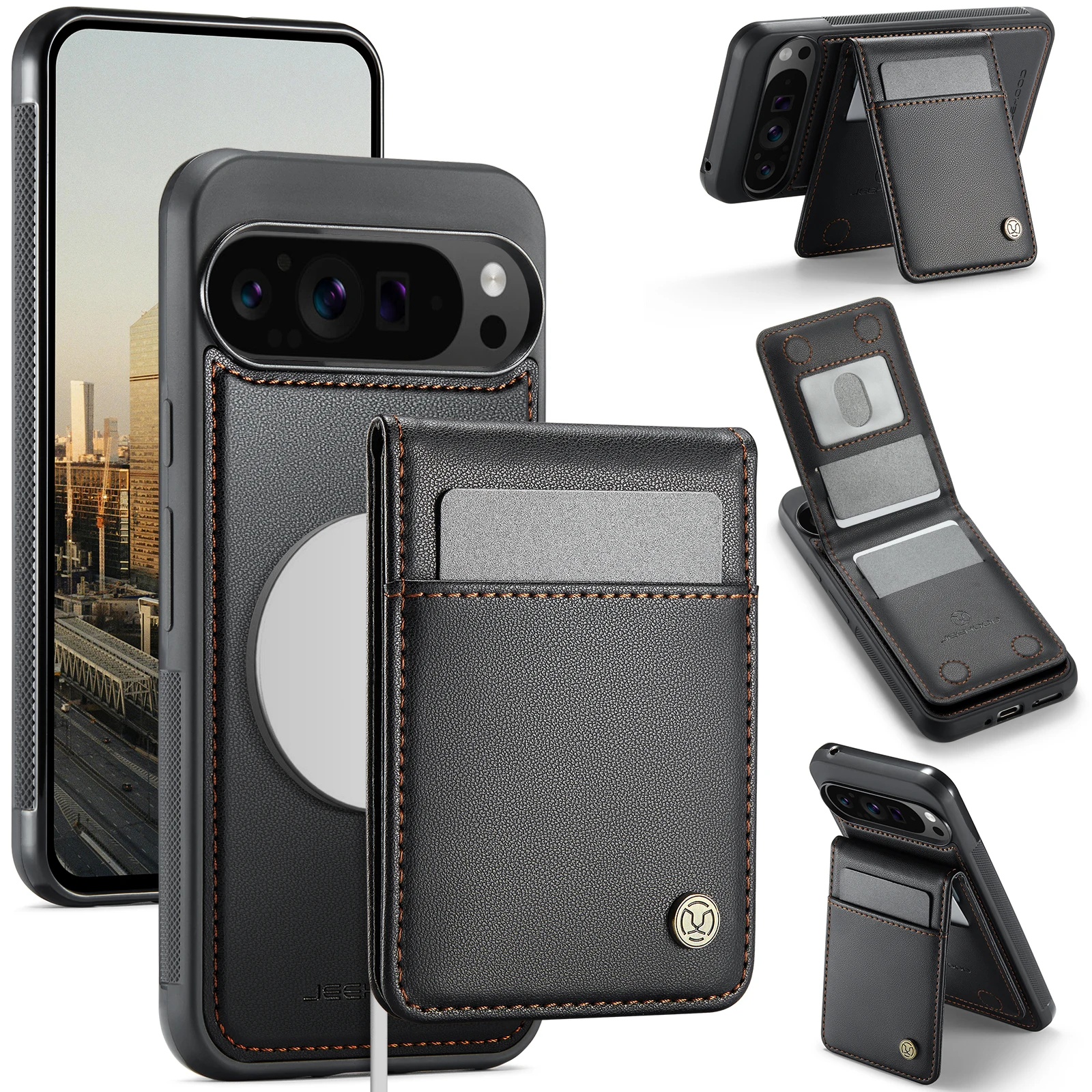 

2in1 Detachable Wireless Charging Magnetic Leather Card Holder Wallet Case For Google Pixel 9 Pro XL, Magsafe Stand Phone Cover