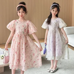 Summer Sweet bubble Sleeves Teenager girls Tulip Dress Pink purple mesh princess dresses robe fille enfant 10 12 14 kids clothes