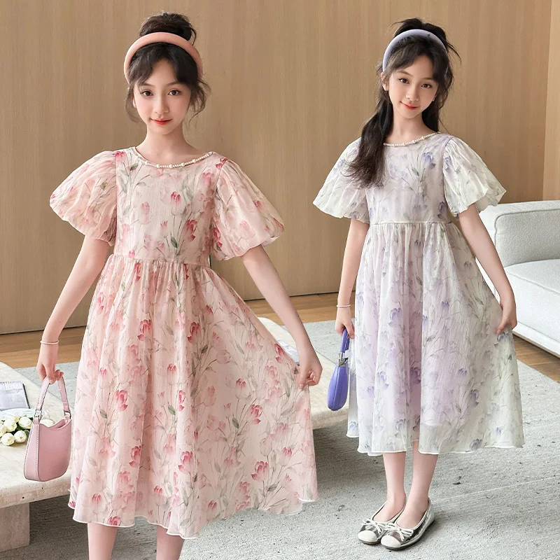 Summer Sweet bubble Sleeves Teenager girls Tulip Dress Pink purple mesh princess dresses robe fille enfant 10 12 14 kids clothes