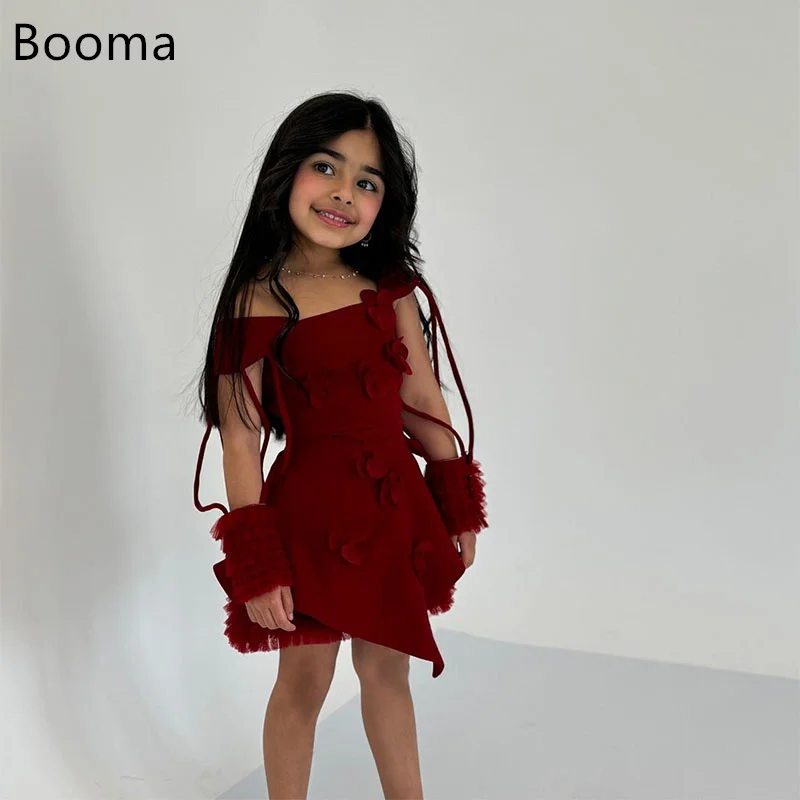 Booma A-Line Flower Girl Dresses Bow 3D Flower Girls Wedding Party Dresses Sleeveless Off The Shoulder Gowns Customized