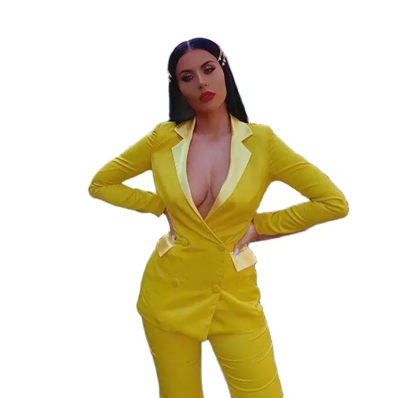 Modern Double Breasted Womens Casual Suit 2 Pieces Slim Fit Yellow Business Formal Tuxedos Custom Made Lady Streetwear