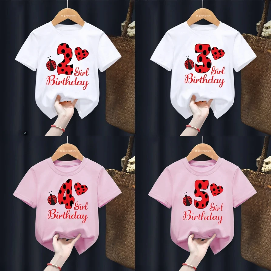 Child Cotton T Shirt Cute Red Ladybug Number 1-10 Birthday Gift Harajuku Kids Clothes Boy Girl Short Sleeve Summer Baby Tee Top