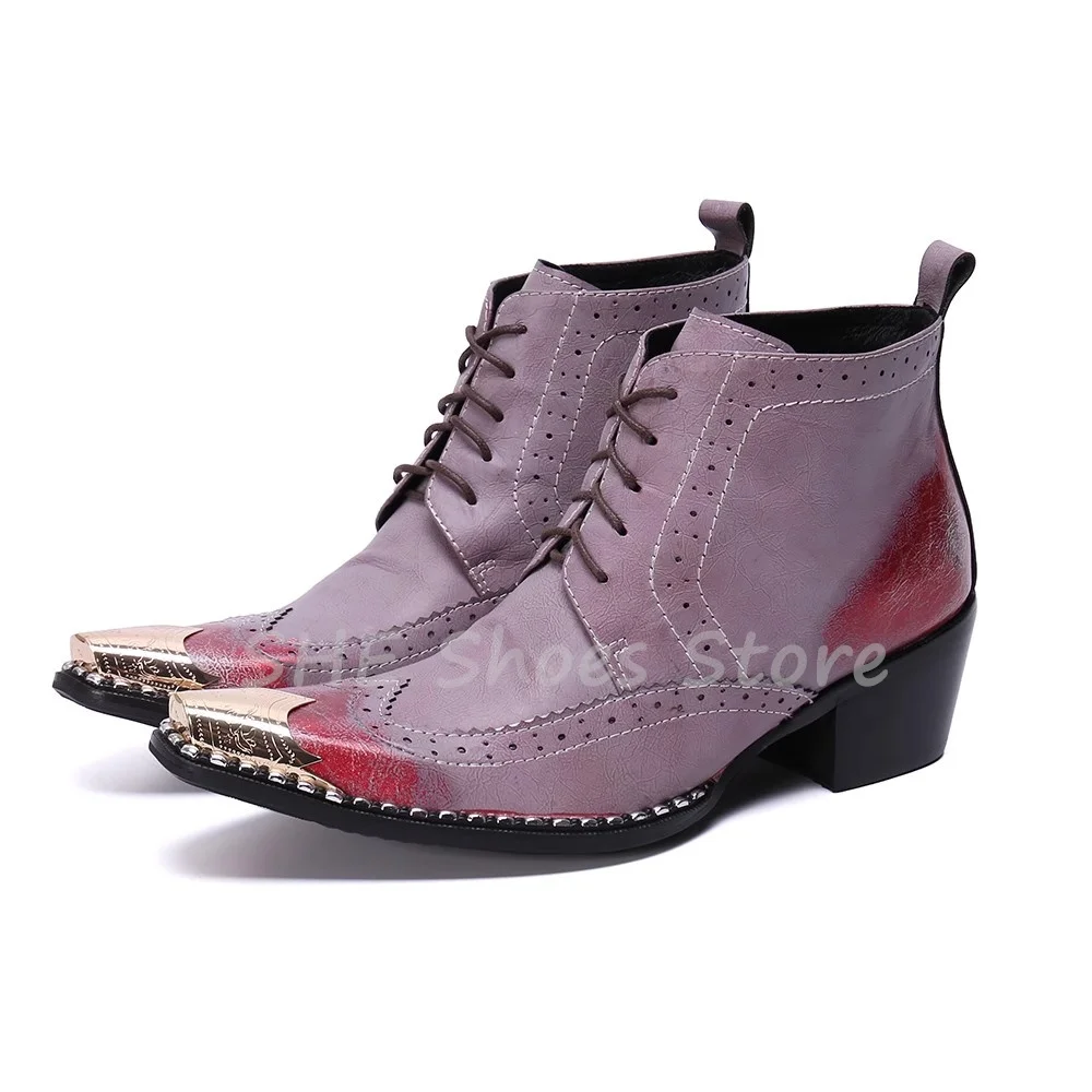 British Metal Square Toe Chunky Heel Height Increasing Boots for Men Handmade Splicing Genuine Leather Shoes Male Lace-Up Boots